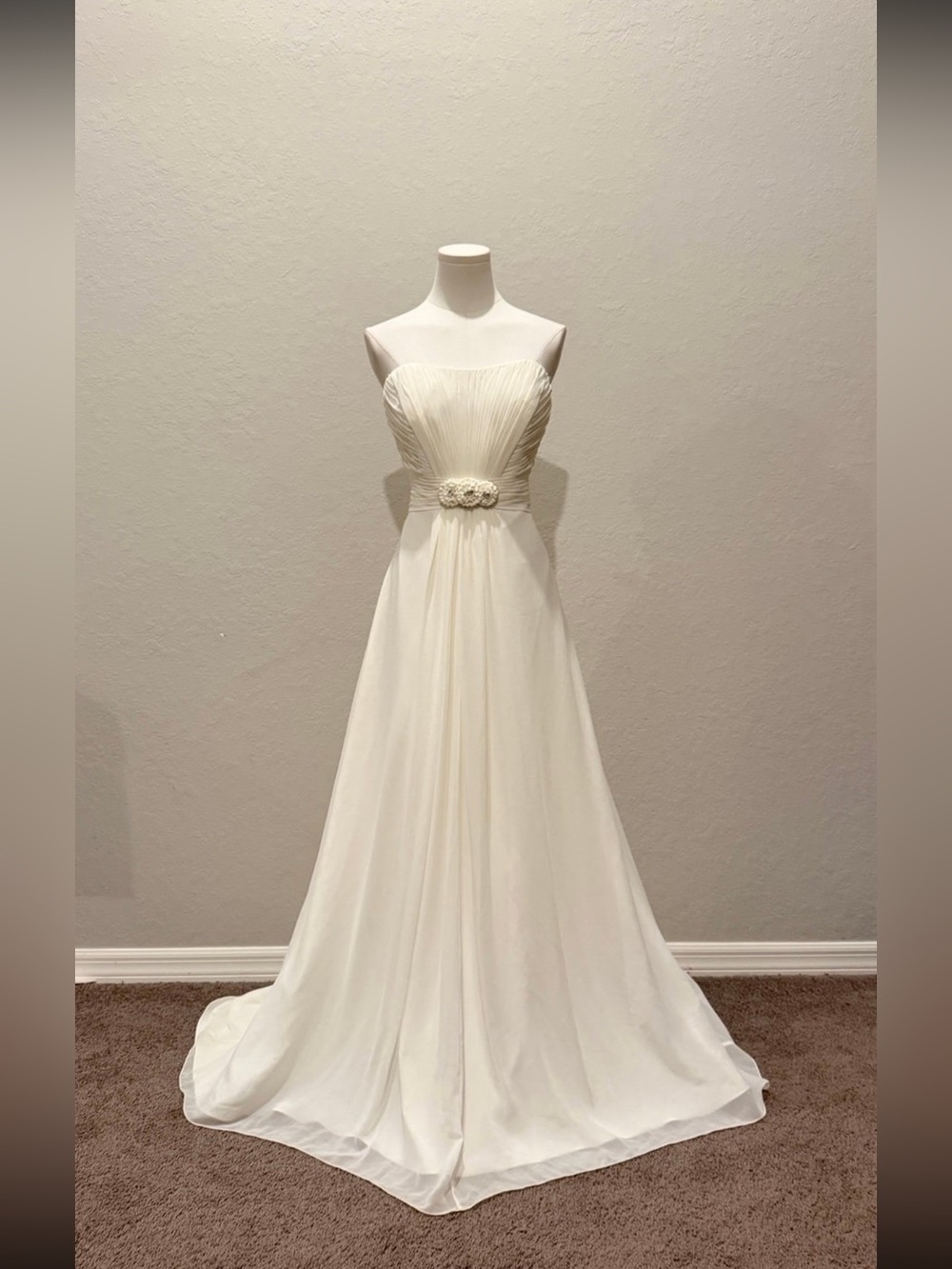 Strapless Ivory Chiffon A-Line Dress with Floral Waist Accent